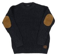 Tmavomodrý melírovaný žebrovaný svetr s nášivkou Next