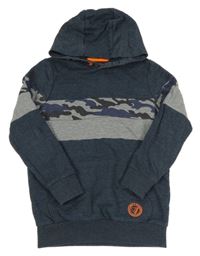 Tmavomodro-šedo-army melírovaná mikina s vreckom so znakom a kapucňou F&F