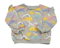 Sivá melírovaná mikina s jednorožcami a sluníčky a volánikmi Tu