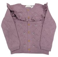 Nové - fialový károvaný perforovaný prepínaci sveter s kvietkami a volánikmi PRIMARK