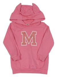 Růžová mikina s písmenkem a kapsou a kapucí s oušky so cute