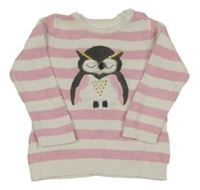 Bielo-ružová pruhovaná pletená šatová tunika so sovičkou Topomini