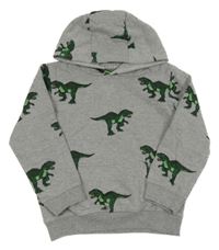 Sivá melírovaná mikina s dinosaurami a vreckom a kapucňou JEFF&CO