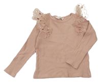 Pudrové rebrované tričko s tylovými volániky s flitrami H&M