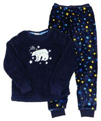 Tmavomodré chlupaté pyžamo s medvědem a hvězdičkami Alive
