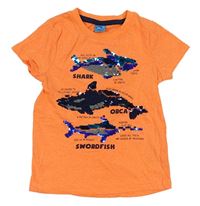 Neonově oranžové tričko se žraloky s překlápěcími flitry Kiki&Koko