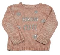 Ružový žinylkový sveter s vločkami a nápisem z flitrů Primark