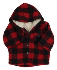 Červeno-čierna kockovaná fleecová zateplená prepínaci mikina s kapucňou Benetton