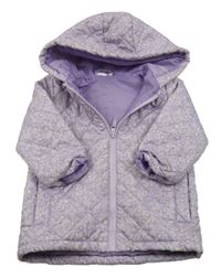 Lila květovaná prošívaná šusťáková zateplená parka s kapucí