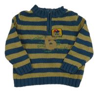 Petrolejovo-khaki pruhovaný svetr s nášivkou a číslem Bob der Bär