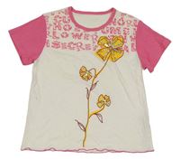 Bielo-ružové tričko s kvetinou s flitrami