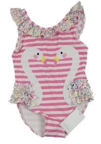 Nové - Růžové pruhované jednodílné plavky s plameňáky a květovanými volánky Mothercare