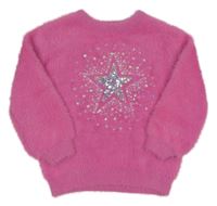 Nové - růžový chlupatý svetr s hvězdou z flitrů Dunnes 