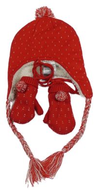 2 set - červená vzorovaná zateplená čepice s bambulí + palcové rukavice 