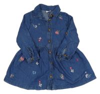 Modré lehké riflové propínací šaty s výšivkami květů F&F