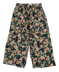 Černo-růžovo-zelené květované lehké kalhoty s páskem mango