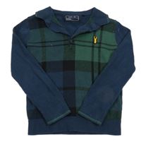 Tmavomodro-zelený kockovaný ľahký sveter s golierikom Next