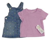 Nové - 2 set - růžové tričko + modré laclové riflové šaty s barevnými puntíky F&F