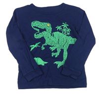 Tmavomodré tričko s dinosaurami a palmami