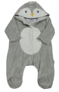 Sivo-biela plyšová zateplená kombinéza s kapucí - tučňák Jojo Maman Bébé