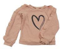 Ružová rebrovaná úpletová mikina so srdcem a volánikmi Shein