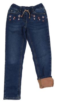 Tmavomodré teplákové zateplené skinny rifle s květy C&A