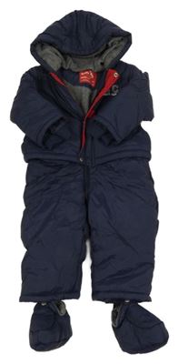 Tmavomodrá šusťáková zimní kombinéza s nápisem a kapucí + boty