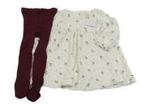 Nové - 2set - Smetanové květované sametové šaty + vínové punčocháče John Lewis