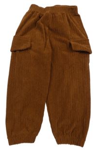 Hnedé rebrované zamatové cargo nohavice Shein