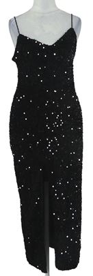 Dámske čierne flitrové spoločenské midi šaty s rozparkem Sinsay