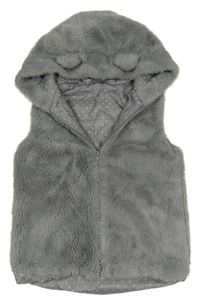 Šedá kožešinová podšitá vesta s kapucí 