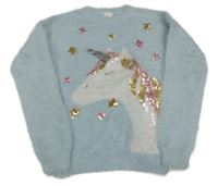 Svetlomodrý chlpatý sveter s jednorožcom a hvězdami z flitrů F&F