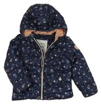 Tmavomodrá květovaná šusťáková prošívaná zateplená bunda s kapucí C&A