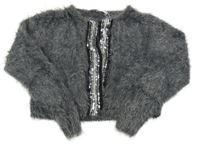 Sivý chlpatý vlnený cardigan s flitrami