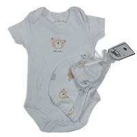 Nové - 3set - Bílé body s medvídky + čepice + rukavice
