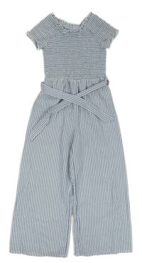 Modro-bílý pruhovaný krepový kalhotový culottes overal s páskem C&A