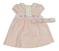2set - Světlerůžovo-bílé šaty s motýlky + čelenka Mintini