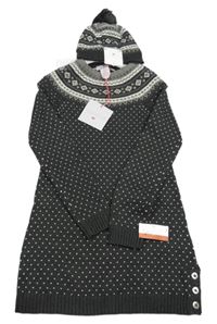 Nové - 2set - Šedé svetrové šaty se vzorem + čepice Lulurain 