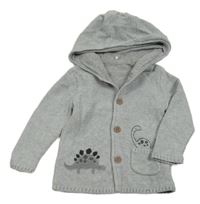 Šedý propínací podšitý svetr s dinosaury a kapucí Tu