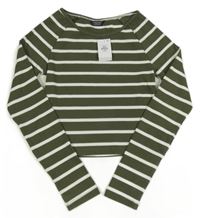 Nové - Khaki-bílé pruhované žebrované crop triko Primark