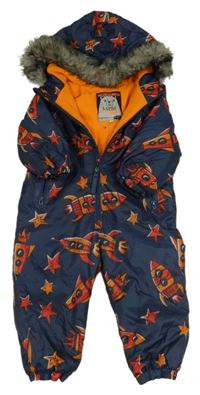 Tmavomodrá šušťáková zimná kombinéza s raketami a kapucňou F&F