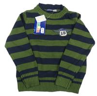 Nové - Olivovo-tmavomodrý pruhovaný sveter s nášivkou Lupilu