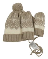 2set - Béžovo-smetanová vzorovaná pletená čepice + rukavice