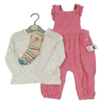 Nové - 3set - Růžové manšestrové podšité laclové kalhoty + bílé triko s duhami + pruhované ponožky 