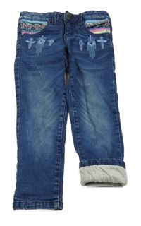 Tmavomodré podšité slim rifle s výšivkou