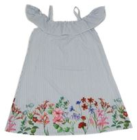 Bielo-modré pruhované ľahké šaty s kvietkami a volnými rameny Shein