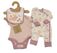 Nové - 3set - Broskvový overal so zajíčky + ružové body + svetloružový podbradník Home Grown