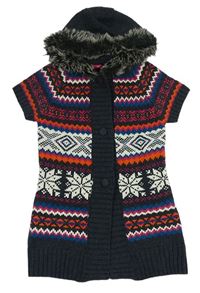 Tmavošedo-smetanovo-farebná vzorovaná pletená prepínaci vesta s vločkami a kapucňou s kožešinou YD