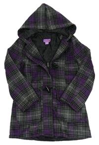 Tmavošedo/fialovo-čierny kockovaný vlnený podšitý kabát s kapucňou