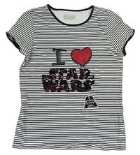 Bielo-čierne pruhované tričko s nápisy z překlápěcích flitrů - Star Wars M&S